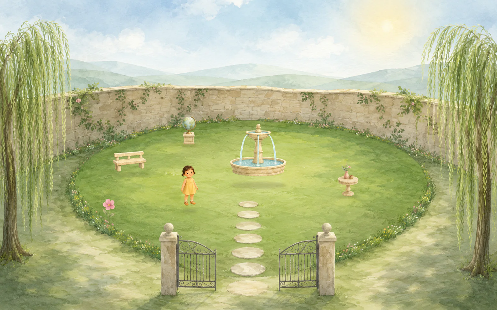 A watercolor garden with willows, a fountain, Yuna, and an open gate